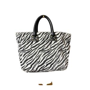 Y2K Zebra Print Faux Fur Tote Bag Large Black White Whipstitch Handle